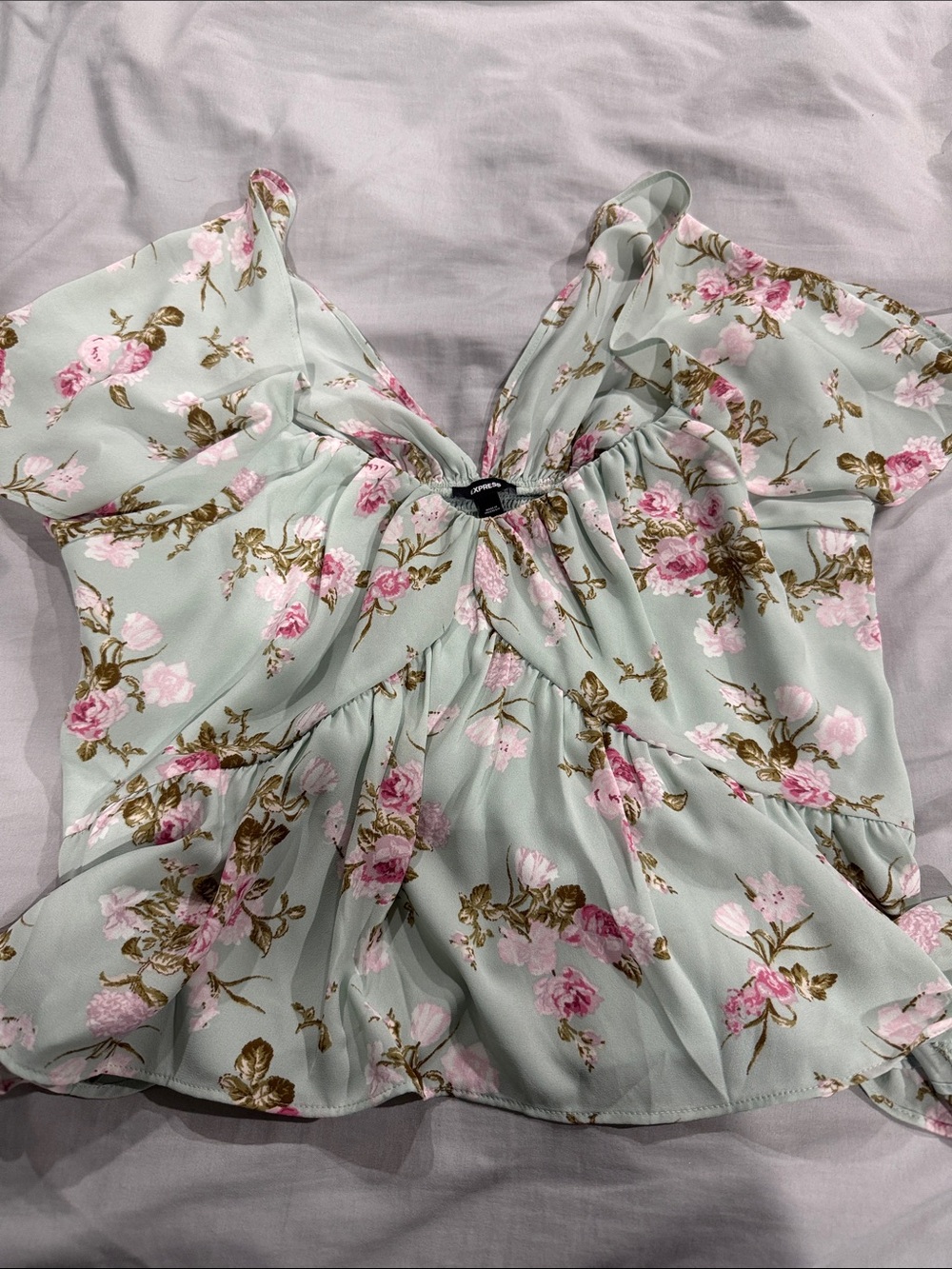 Express Mint Floral Ruffle Peplum Blouse with Pink Roses